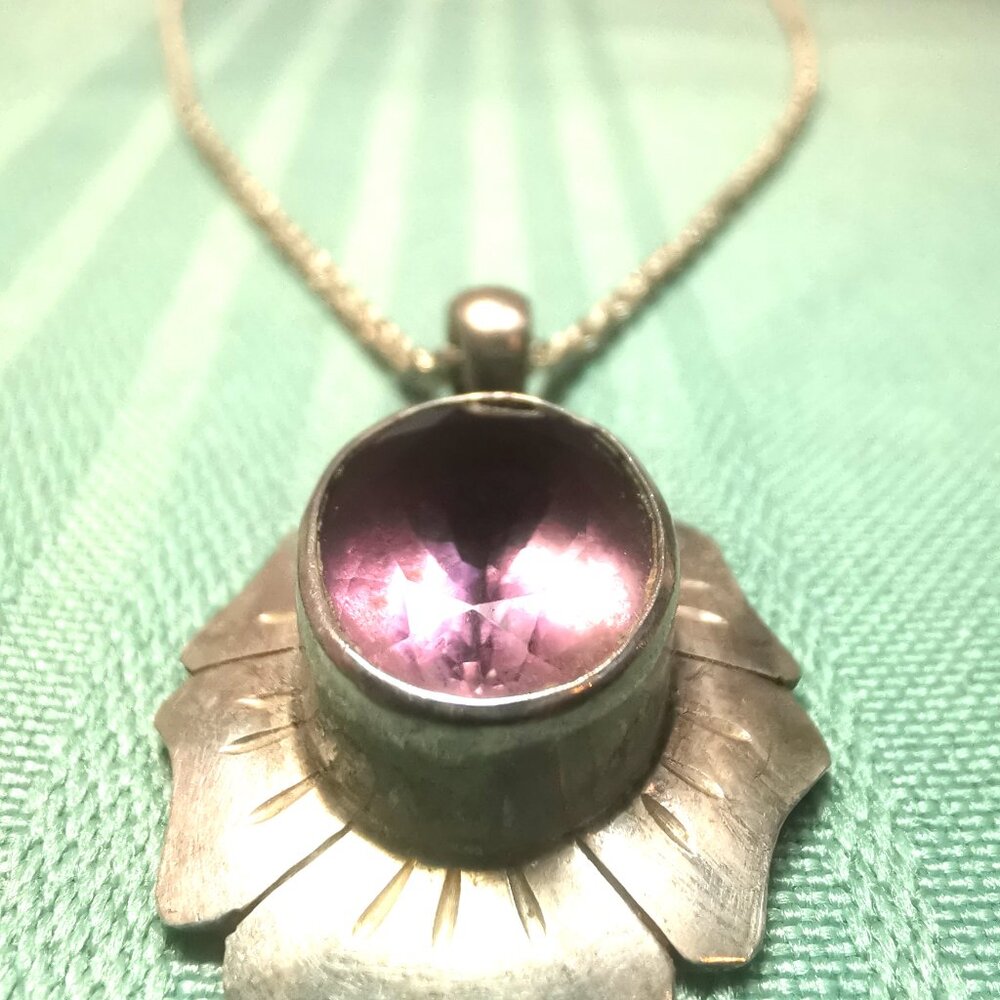 1990s Sterling Silver 925 Purple Stone Sunburst Floral Pendant Necklace 20.5" 8g